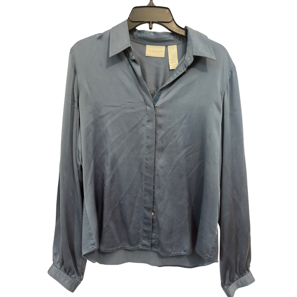 Liz Claiborne Silk Blouse Blue Gray Satin Button Down Long Sleeve Size M